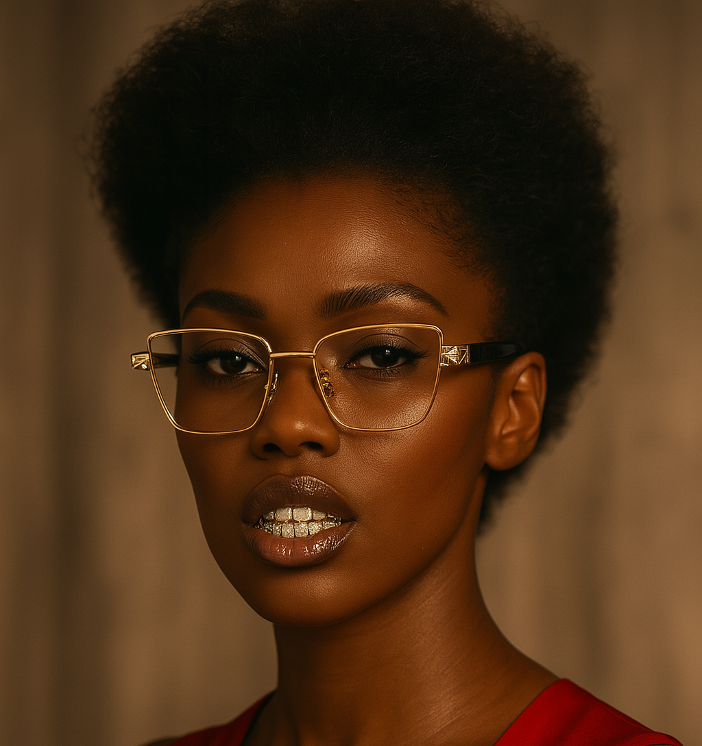 Woman wearing glasses and a red top against a neutral background